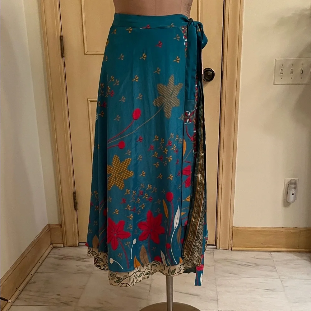 DARN GOOD YARN NWT Boho Granola 100% Silk Teal Sari Wrap Midi Skirt O/S (4-12)